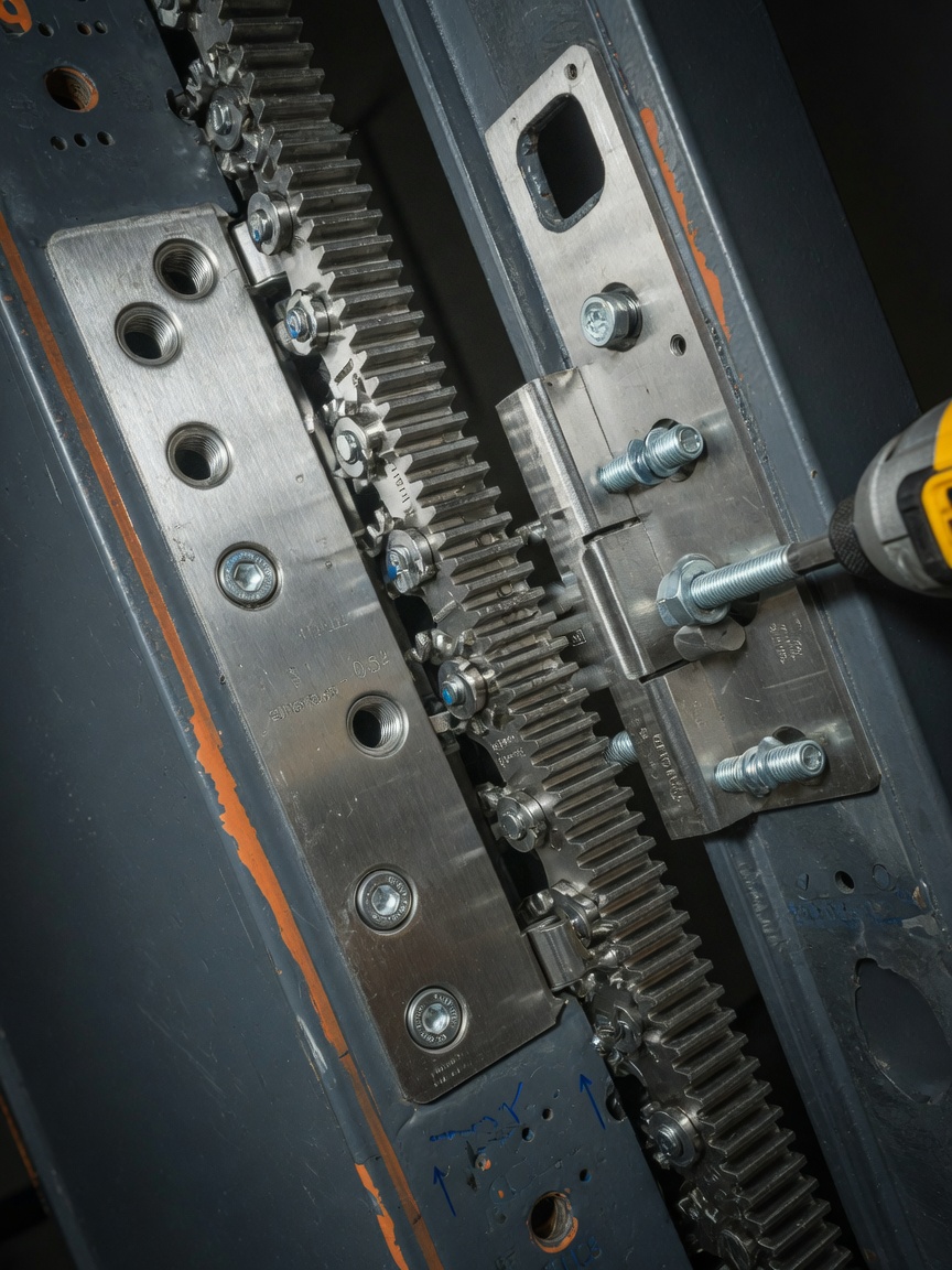 Continuous geared stainless steel hinge installation on heavy commercial door, extreme close-up showing engineering details, technical realism