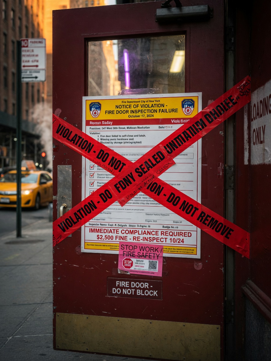 Realistic 8K image of a fire door inspection violation notice posted on a commercial building door in Manhattan, red tape and official FDNY documents