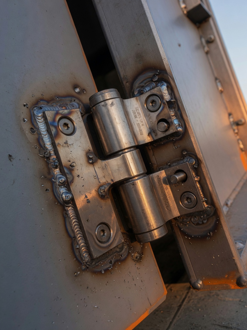 8K photoreal image of concealed heavy-duty hinges on a custom security door, extreme close-up detail showing weld quality and precision machining, beautiful metallic textures with golden hour side lighting