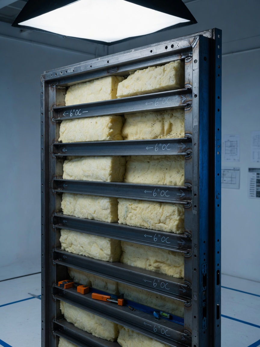 8K photoreal image of internal door construction showing welded channel stiffeners at 6-inch centers, polyurethane insulation, before face sheets are applied, technical clarity