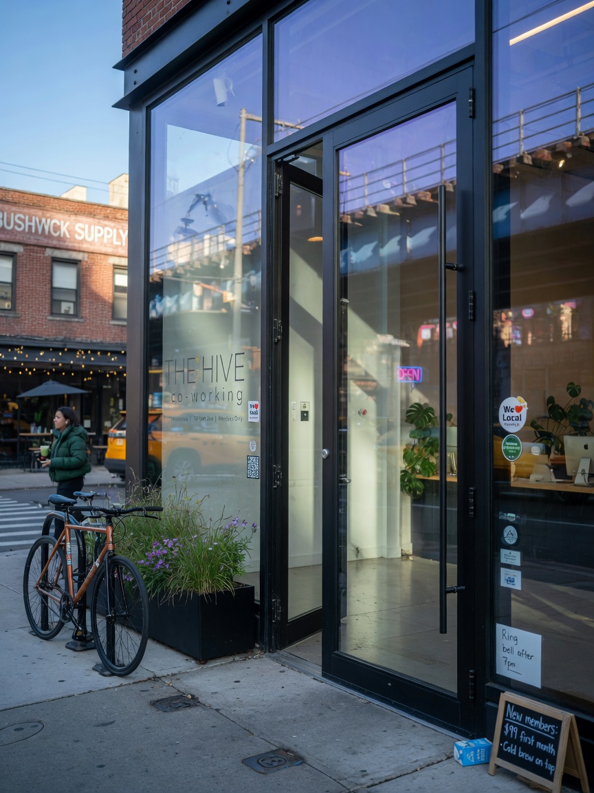 Ultra-realistic 8K image of a modern co-working space entrance in Williamsburg Brooklyn featuring sleek black aluminum commercial pivot doors with floor-to-ceiling glass, minimalist design, natural light
