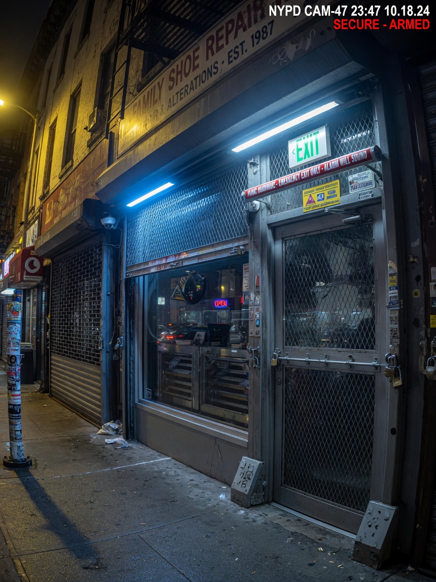 Nighttime security view of properly secured NYC storefront with illuminated panic hardware and reinforced frame, moody urban lighting, cinematic 8K