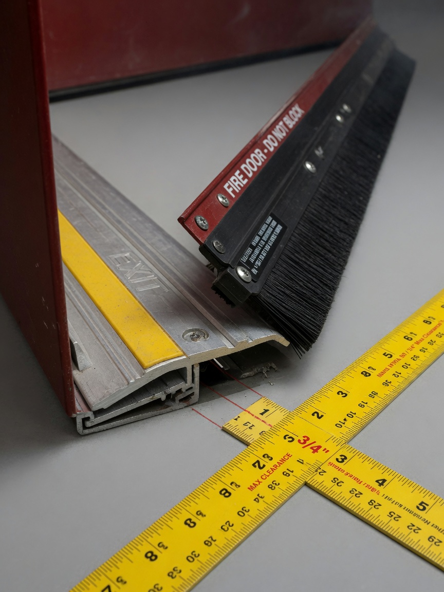 Close-up 8K image of a fire door bottom sweep and threshold detail showing proper 3/4 inch maximum clearance, technical product photography with ruler for scale