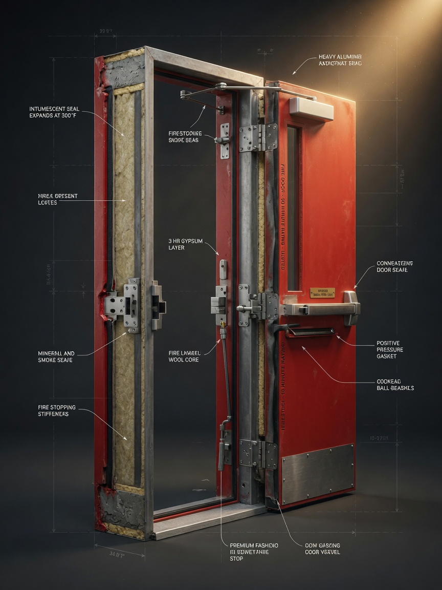 Ultra-realistic 8K photograph of a complete fire door assembly including frame, door, hardware, and seals, cutaway view showing internal construction, technical style