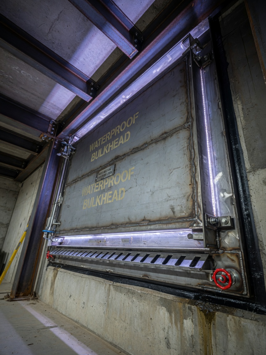 Realistic 8K photograph of a finished waterproof bulkhead installation viewed from basement interior looking upward, heavy steel construction, visible drainage channels, professional fabrication quality, dramatic lighting