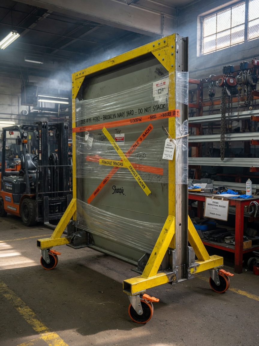 Hyper-realistic 8K photograph of completed industrial door and frame assembly ready for transport from Maspeth shop, heavy duty casters, protective wrapping, workshop environment
