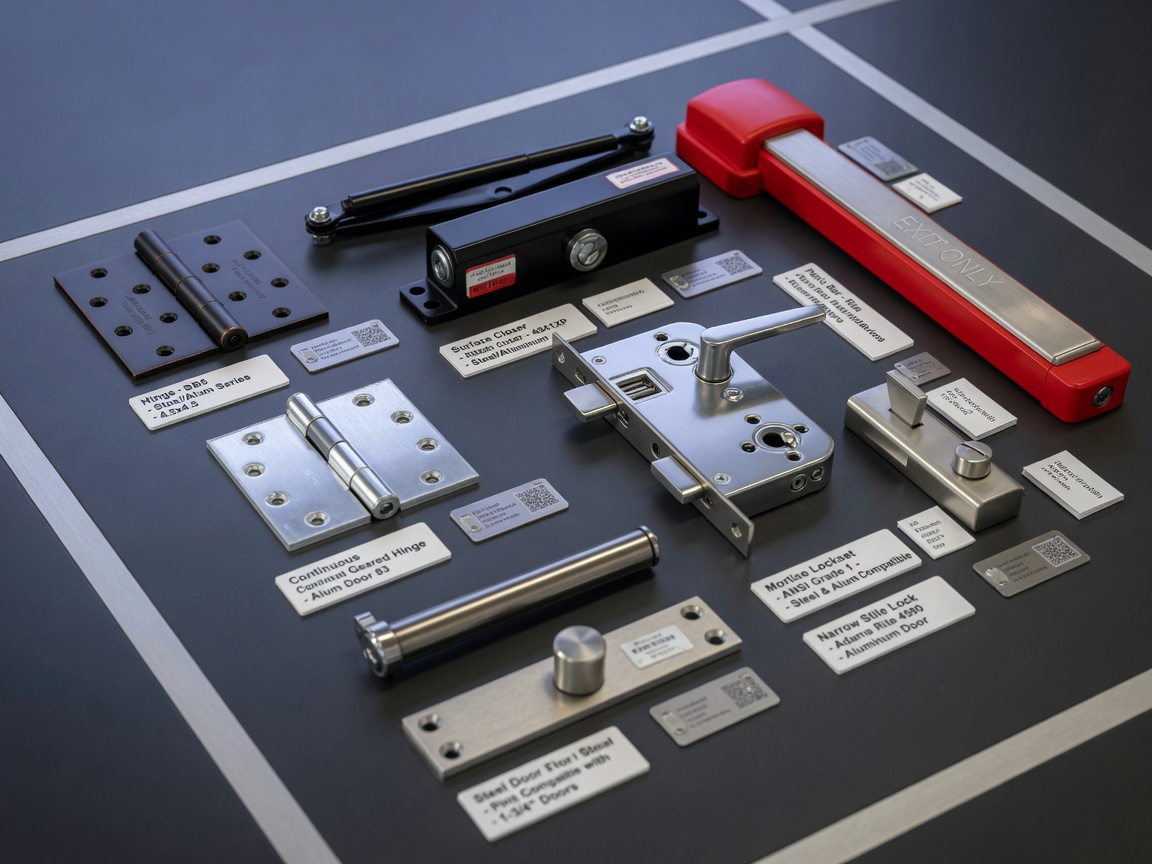 Technical 8K product photography of various commercial door hardware options including hinges, closers, locks, and panic bars compatible with both steel and aluminum doors, arranged neatly with labels