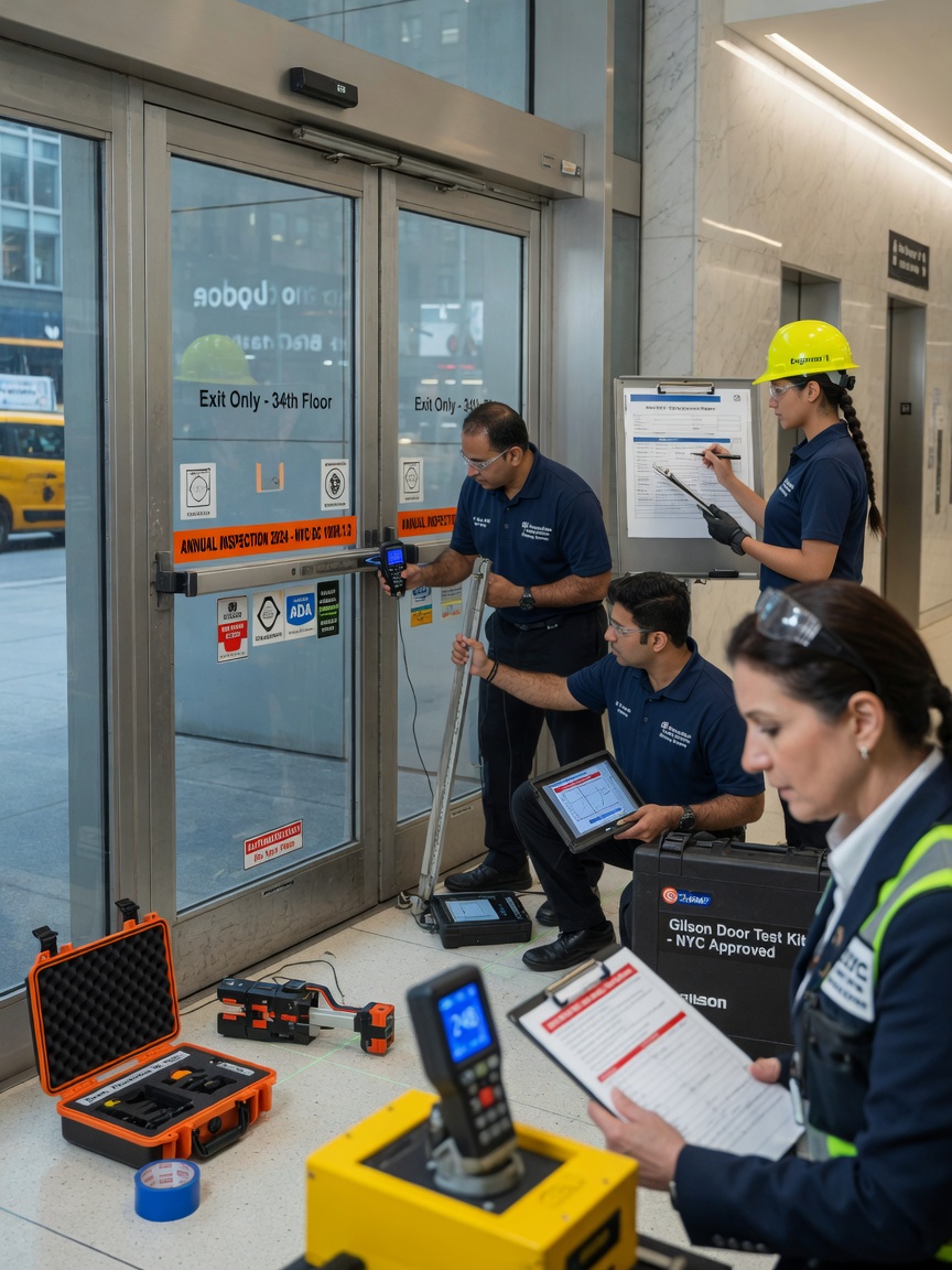 Team of NYC building engineers conducting annual commercial door inspection with specialized testing equipment, professional environment, photorealistic