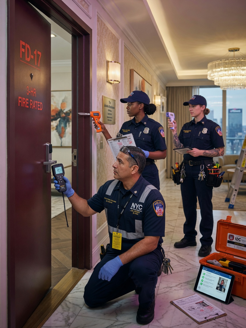 Ultra-realistic 8K photograph of a team of certified technicians performing annual fire door inspection in a luxury residential high-rise in Queens, professional uniforms and equipment visible