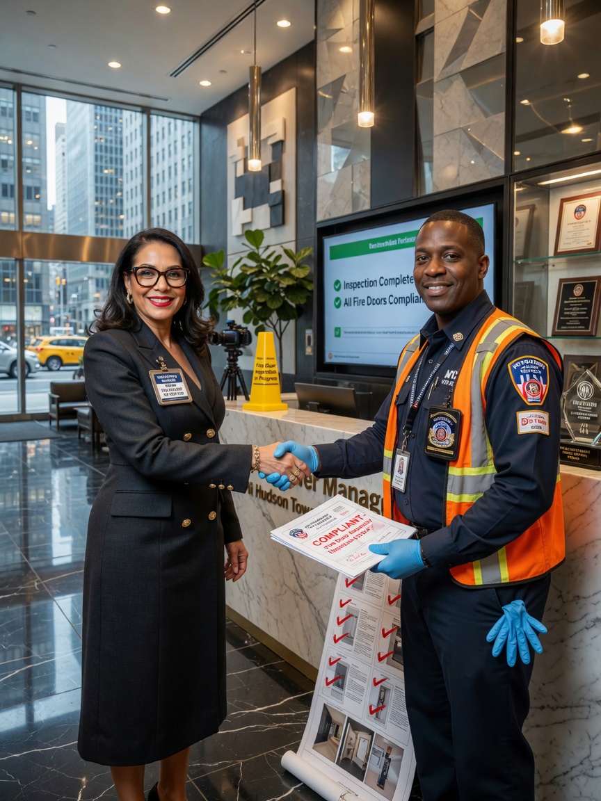 Dynamic 8K image of a New York City building owner shaking hands with a certified fire door technician after successful compliance inspection, modern office lobby background