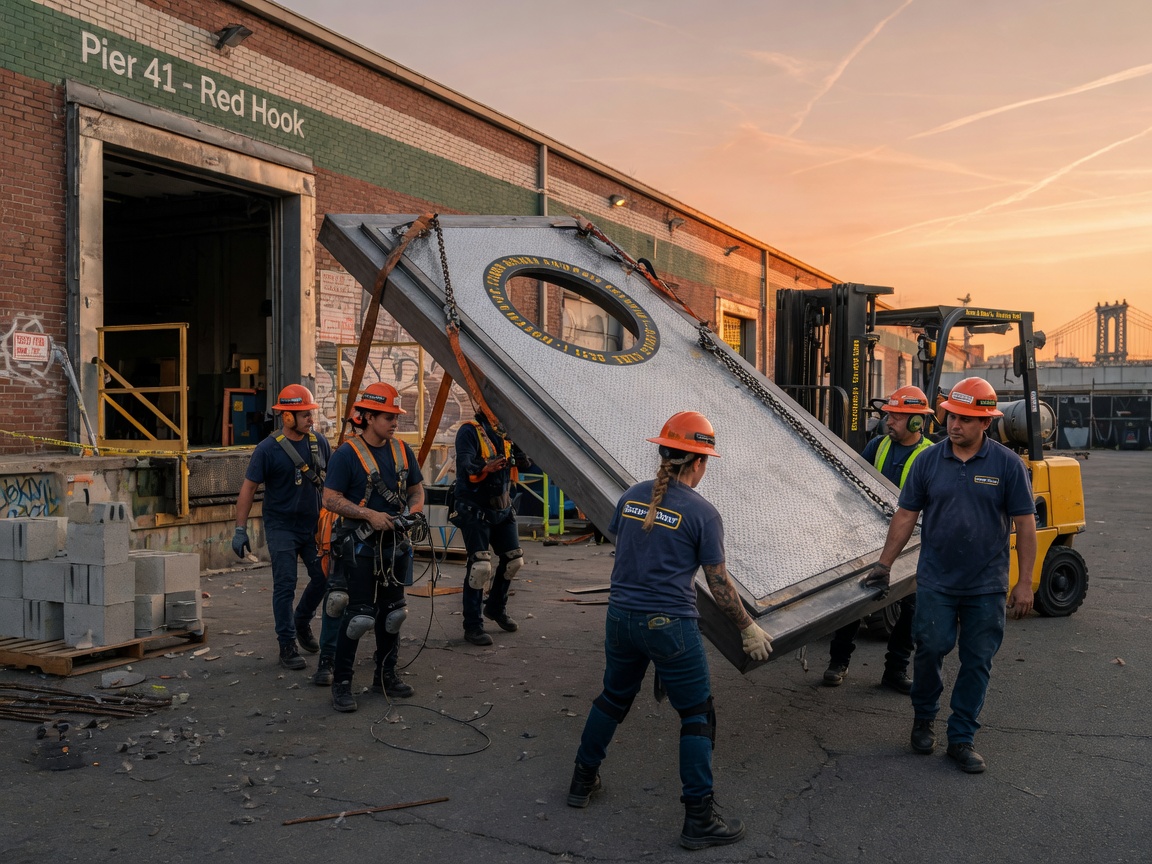 Ultra-detailed 8K image of the Secur-A-Door Inc team carrying a large custom-fabricated diamond-plate hatch toward installation site in Brooklyn, golden hour lighting, showing scale and weight of heavy-gauge steel product