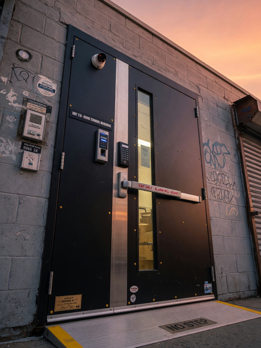 Ultra-detailed 8K image of a high-security commercial front entry door with integrated access control prep, custom fabricated in Queens, installed on a Bronx facility at sunset