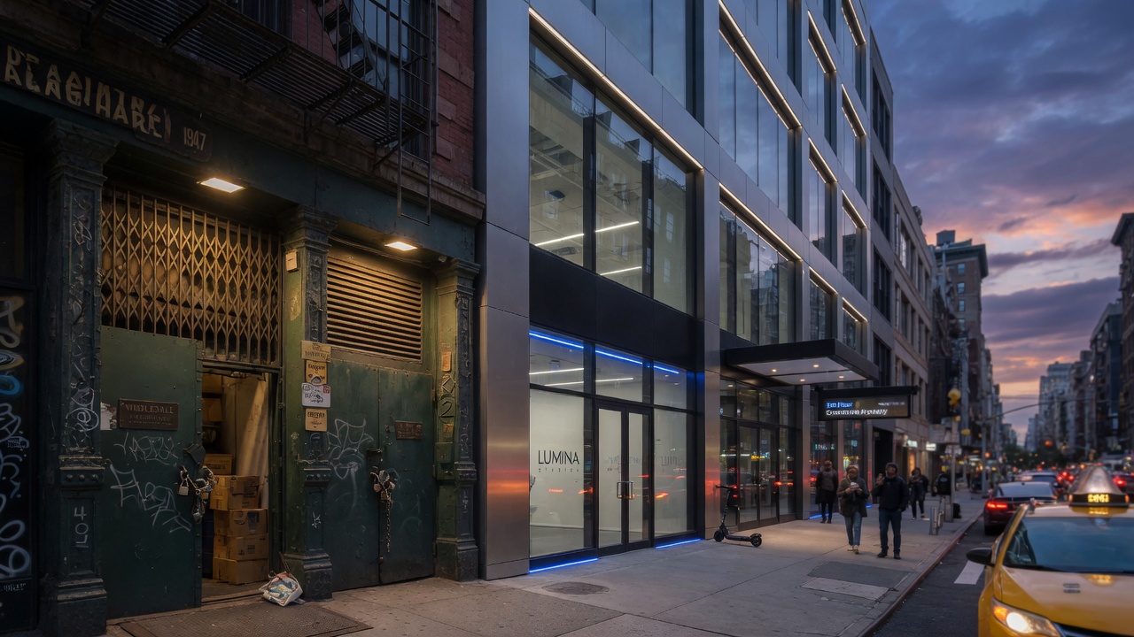 Cinematic wide-angle 8K photograph of a New York City street at twilight showing contrasting commercial buildings, one with traditional steel doors and another with contemporary aluminum and glass facade, highlighting architectural differences