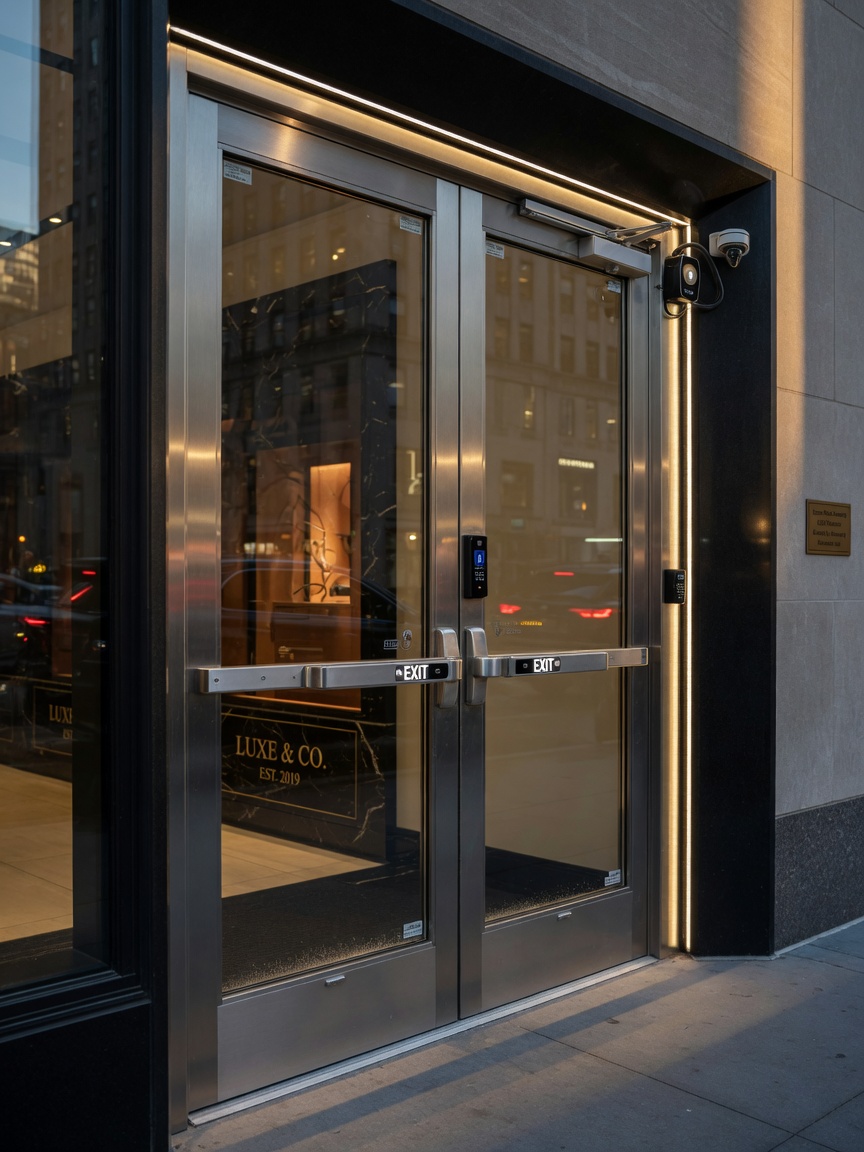 Modern energy-efficient storm-rated commercial double doors on a high-end Manhattan retail property with integrated access control, architectural photography, ultra-realistic 8K
