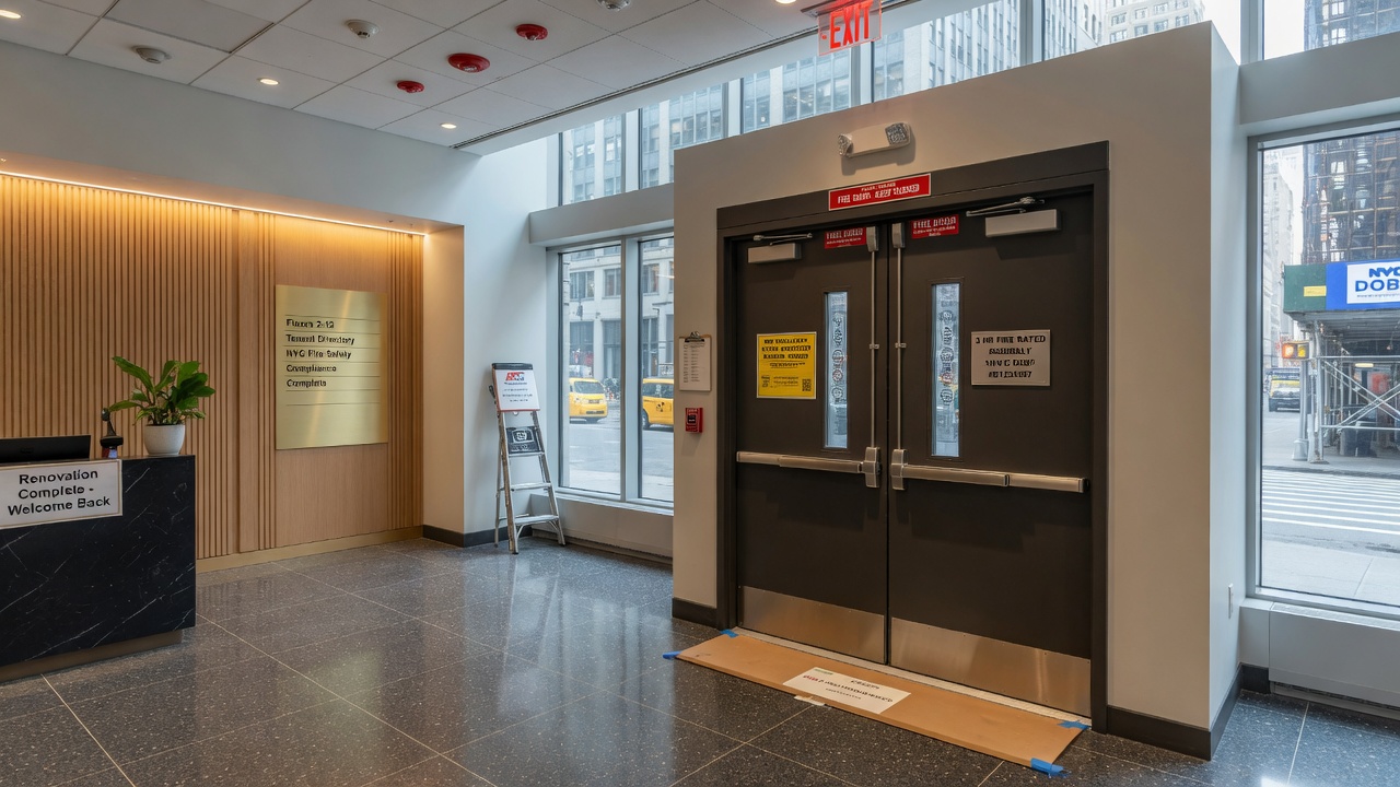 Wide-angle 8K image of a completed fire door installation project in a newly renovated NYC commercial lobby, clean modern design, natural lighting, and professional finish