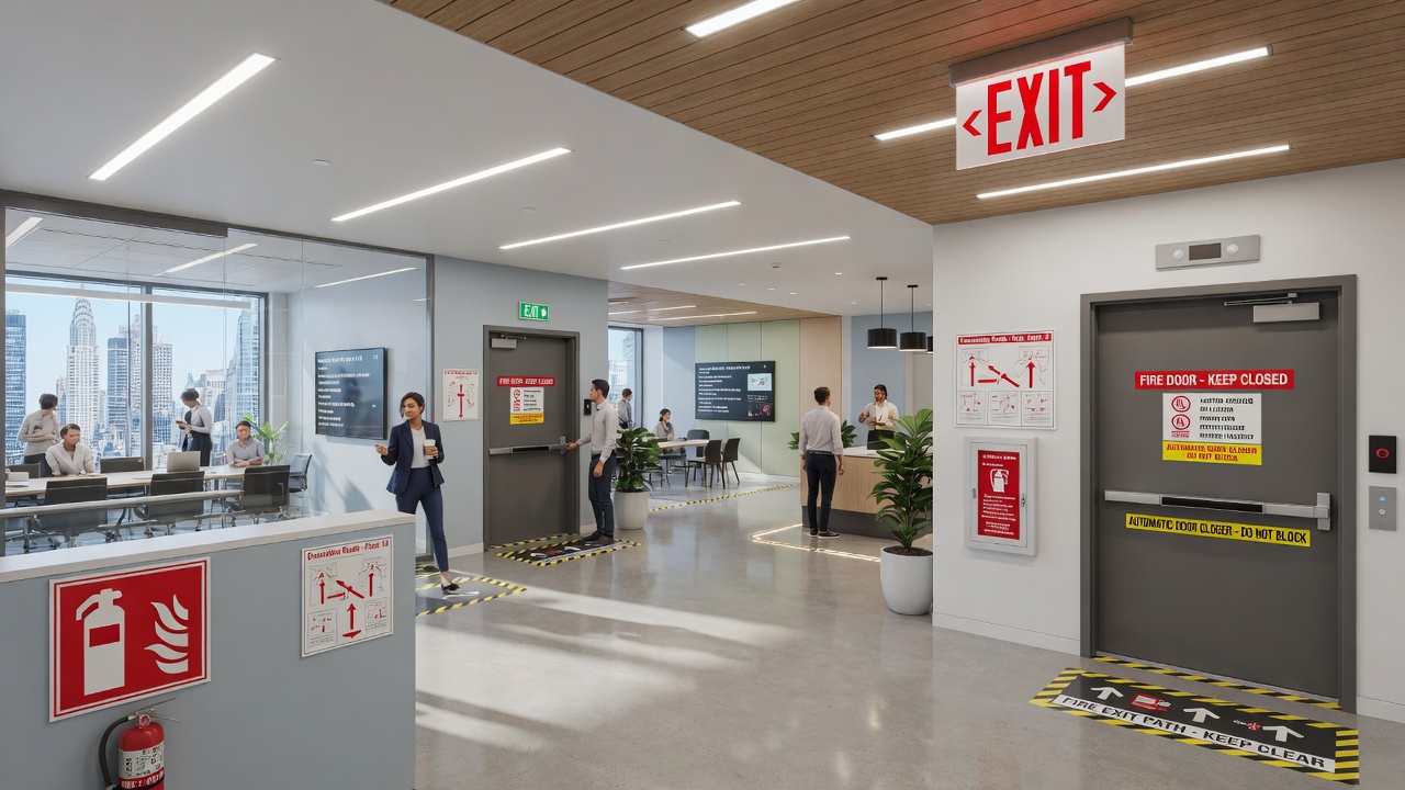 Inspirational ultra-realistic 8K wide shot of a safe, modern NYC office building interior with clearly marked compliant fire doors and exit paths, bright professional atmosphere