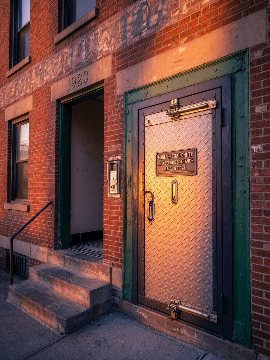 8K photorealistic final installation scene of a complete custom coal chute door conversion on a Bronx walk-up building, perfectly sealed and secure, diamond-plate texture, beautiful golden sunset light across the entire facade