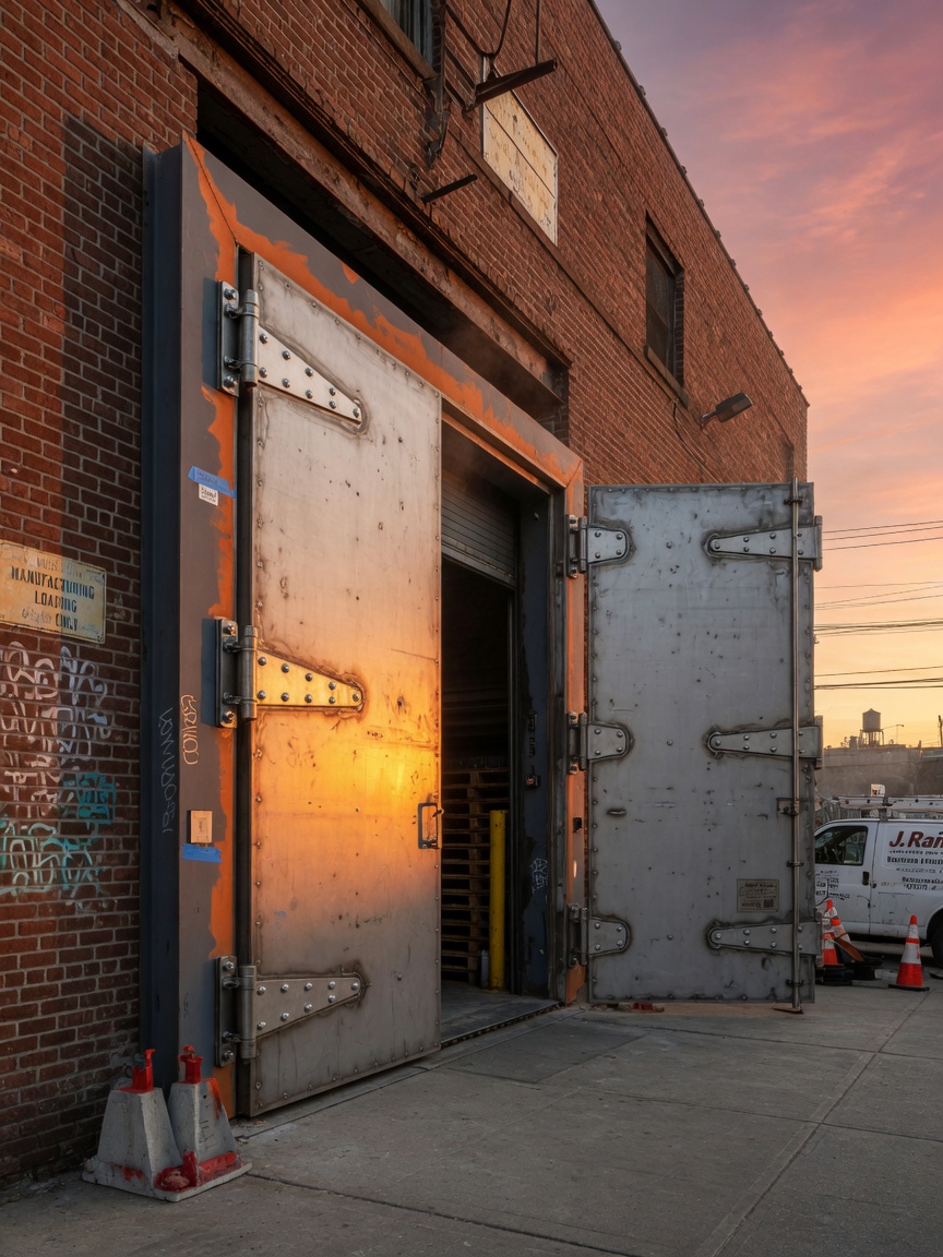 Ultra-realistic 8K photograph of custom fabricated industrial doors installed on a Brooklyn manufacturing building during sunset, golden light reflecting off 16-gauge steel, visible hinge reinforcements, professional installation, indistinguishable from real photography
