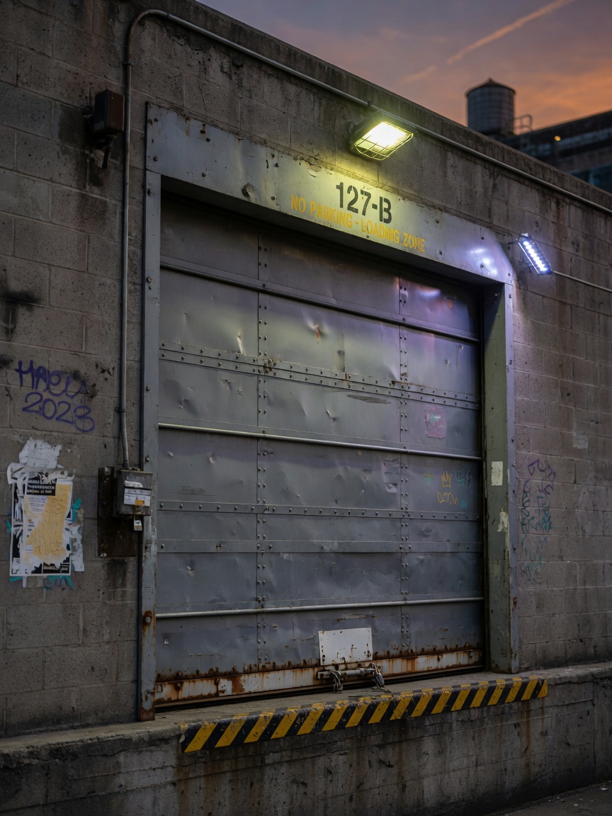 Photorealistic 8K image of heavy-duty reinforced steel commercial roll-up door on a Brooklyn warehouse building at dusk, industrial aesthetic, concrete textures, subtle graffiti elements, security lighting, high detail metal texture
