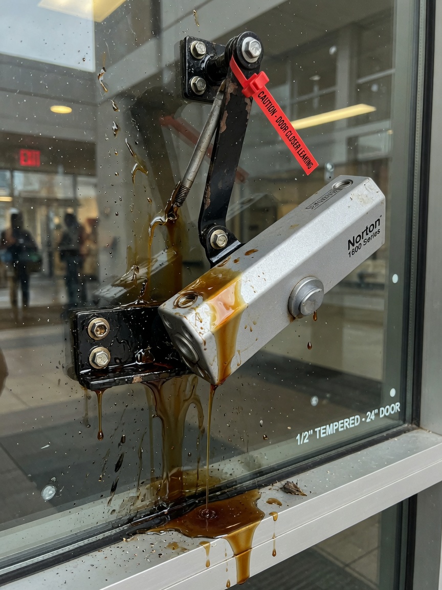 Professional close-up of failing hydraulic door closer with visible oil leak on a glass commercial entrance, technical detail, sharp focus, 8K resolution