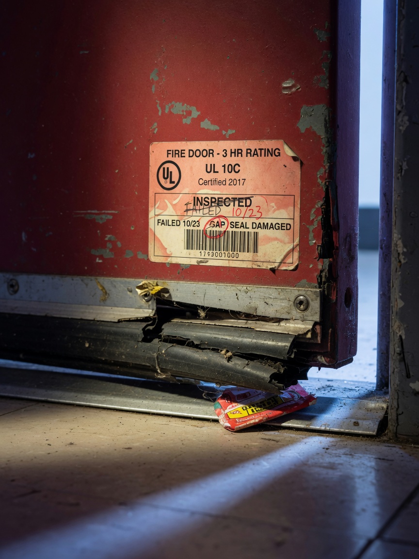 Close-up ultra-realistic 8K image of a commercial fire door failing inspection with visible gap at the bottom, damaged smoke seal, and faded certification label, dramatic side lighting