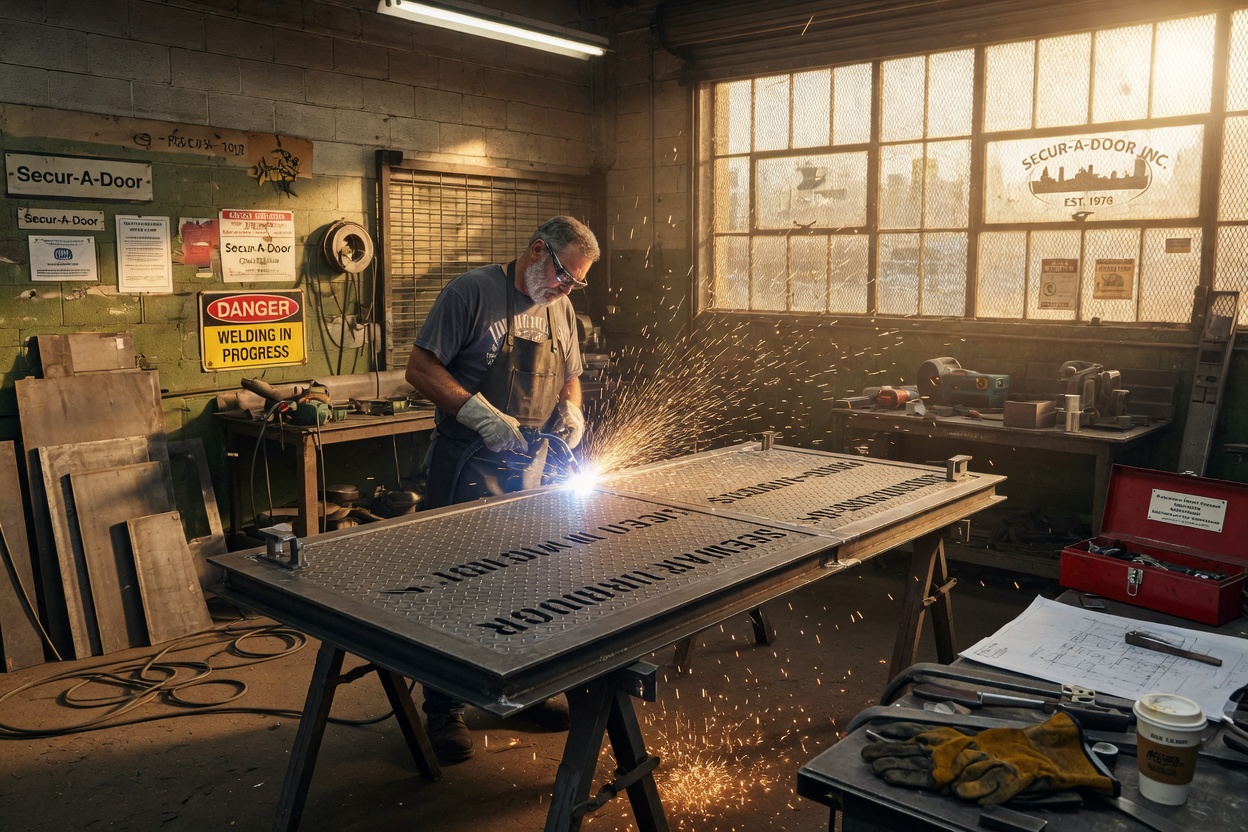 Ultra-realistic 8K photograph of Secur-A-Door Inc workshop in Maspeth Queens, master craftsman welding heavy-gauge steel for a custom sidewalk hatch, bright sparks flying, steel plates and fabrication tools visible, golden sunlight streaming through windows, highly detailed industrial scene