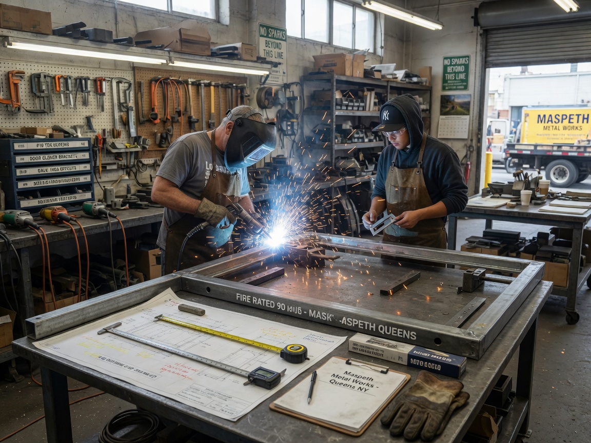 Photorealistic 8K image of Maspeth Queens fabrication shop interior showing craftsmen welding 14-gauge industrial door frames, sparks flying, precise measurements on workbench, tools neatly organized, natural workshop lighting