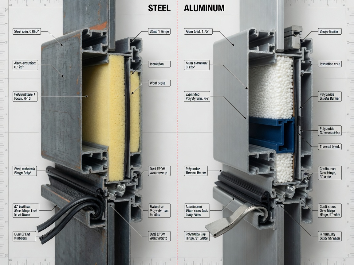 8K ultra-detailed side-by-side comparison of steel and aluminum commercial door cross-sections showing material thickness, insulation cores, weatherstripping, and hardware, technical product photography style with clean white background