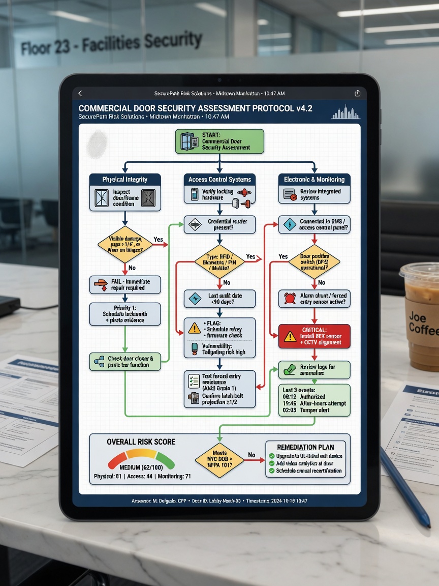 Detailed diagnostic flowchart for commercial door security assessment displayed on a digital tablet in a modern NYC office, clean infographic style, ultra-realistic