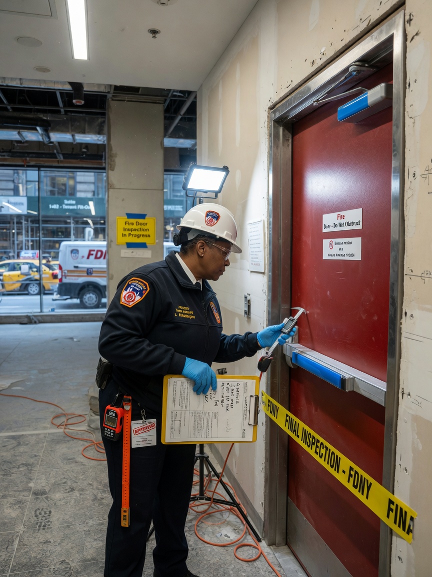 Ultra-realistic 8K photo of an FDNY inspector examining a newly installed fire door during final inspection in a Manhattan commercial building, clipboard and measuring tools in hand, serious professional atmosphere