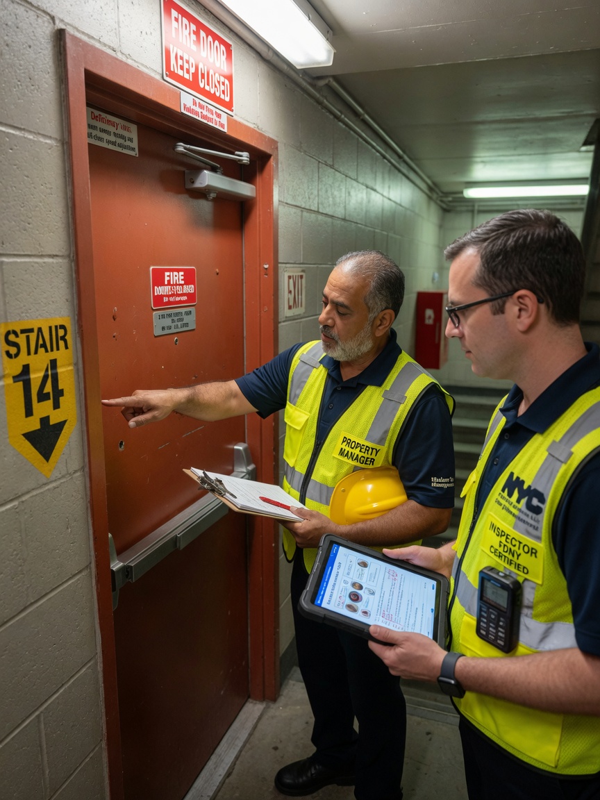 Professional 8K photograph of a NYC property manager and fire door inspector examining a stairwell door in a Manhattan high-rise, both wearing safety vests, clipboard and tablet visible