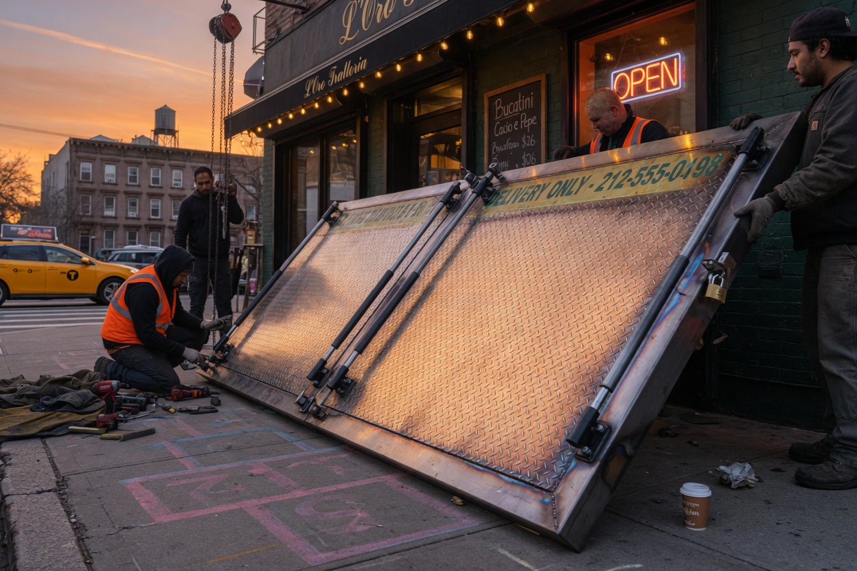 8K photoreal image of a hydraulic-assist diamond-plate cellar door being installed on a Brooklyn restaurant sidewalk at sunset, warm golden light reflecting off the metal surface, visible slide bolts and concealed hinges, perfect weld seams, realistic urban environment