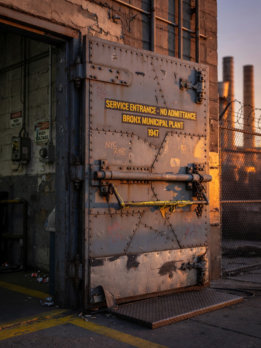 8K hyper-realistic photo of a reinforced steel service entrance door on a Bronx plant at golden hour, heavy duty hardware, bottom rail with wear strips, industrial environment, perfect detail and texture