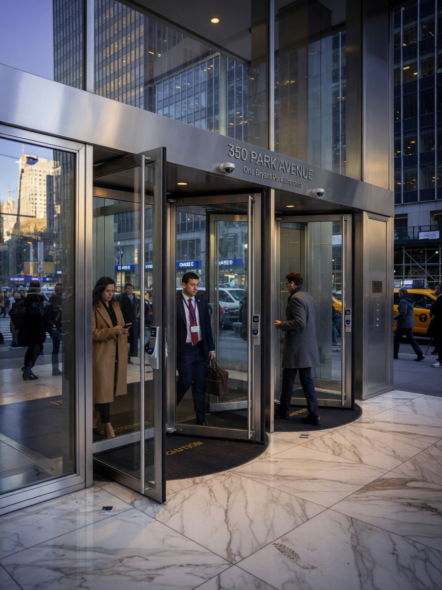 Realistic 8K photograph of a high-rise office building entrance in Midtown Manhattan featuring elegant narrow stile aluminum commercial doors with modern hardware, people entering and exiting, marble flooring visible