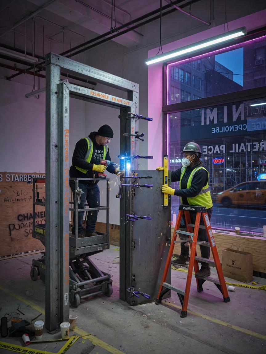 Heavy-gauge 14-gauge steel door frame reinforcement being installed by technicians in Manhattan retail space, construction scene, realistic lighting, 8K