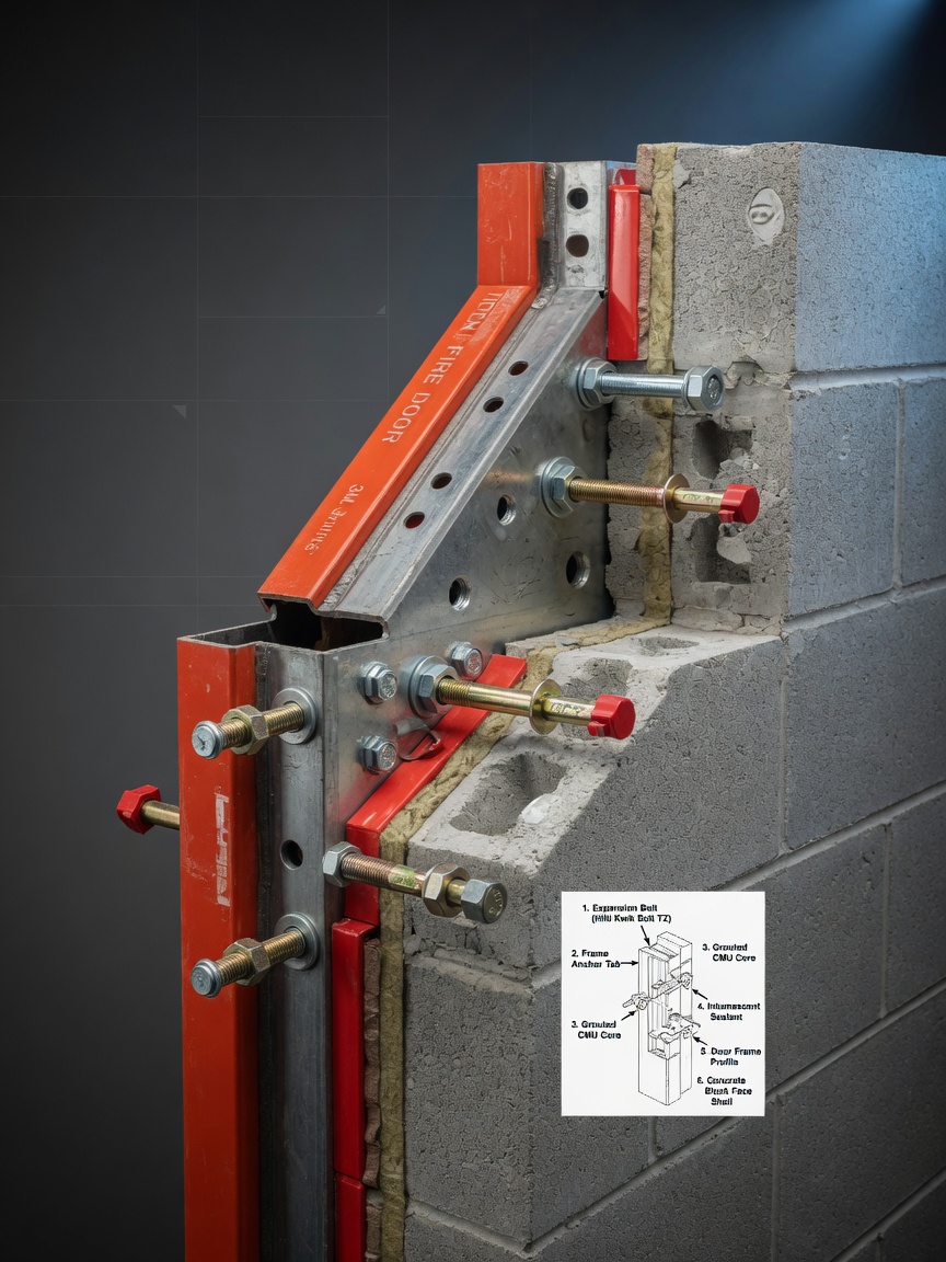 Detailed 8K image showing proper fire door frame anchoring into concrete block wall with expansion bolts, cutaway view revealing construction details, technical diagram style with realistic textures