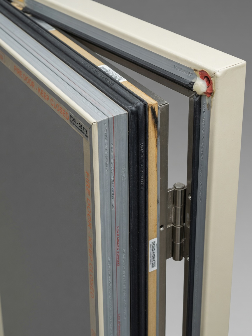 Ultra-detailed 8K image showing proper intumescent fire door seals and gaskets on a commercial door frame, macro photography style with perfect focus and neutral studio lighting