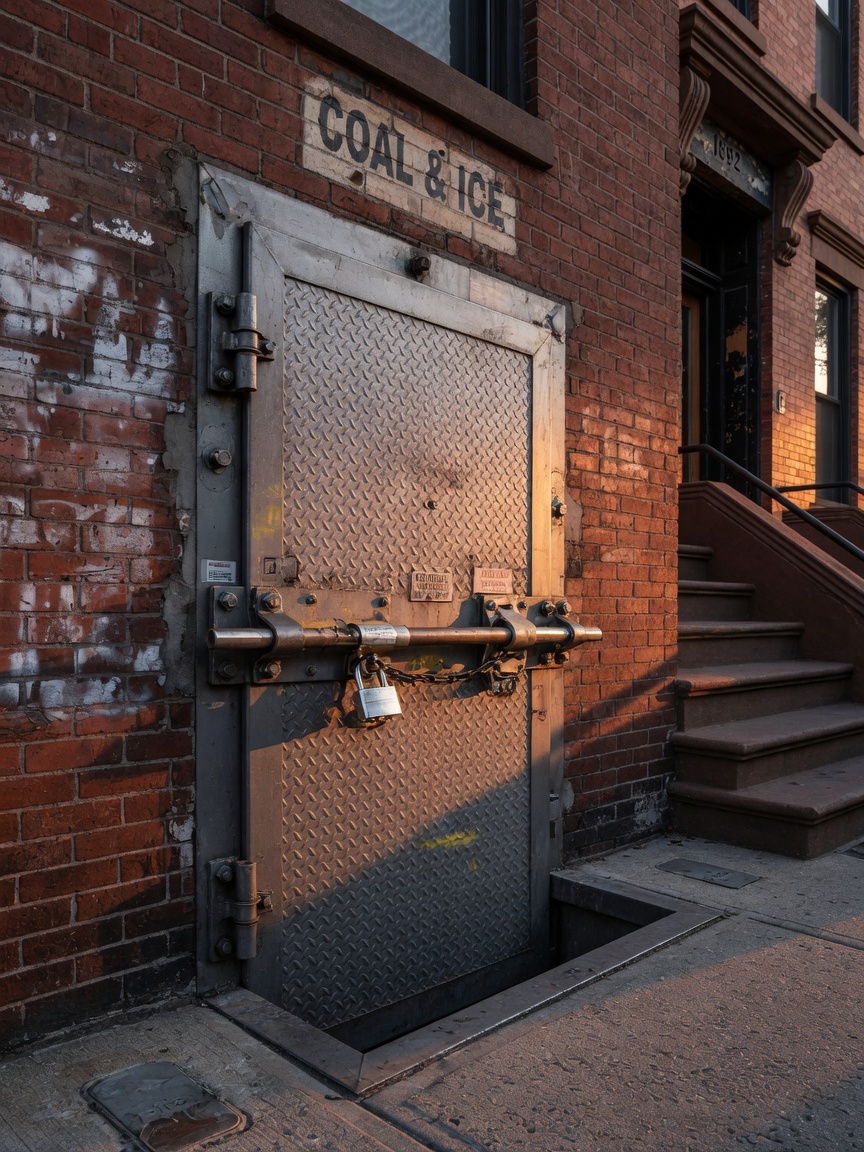 Ultra-detailed 8K photo of a retired Manhattan brownstone coal chute completely sealed with a custom steel plug door, diamond-plate texture, secure slide-bolt hardware visible, historic brick building facade at golden hour, rich textures and realistic lighting