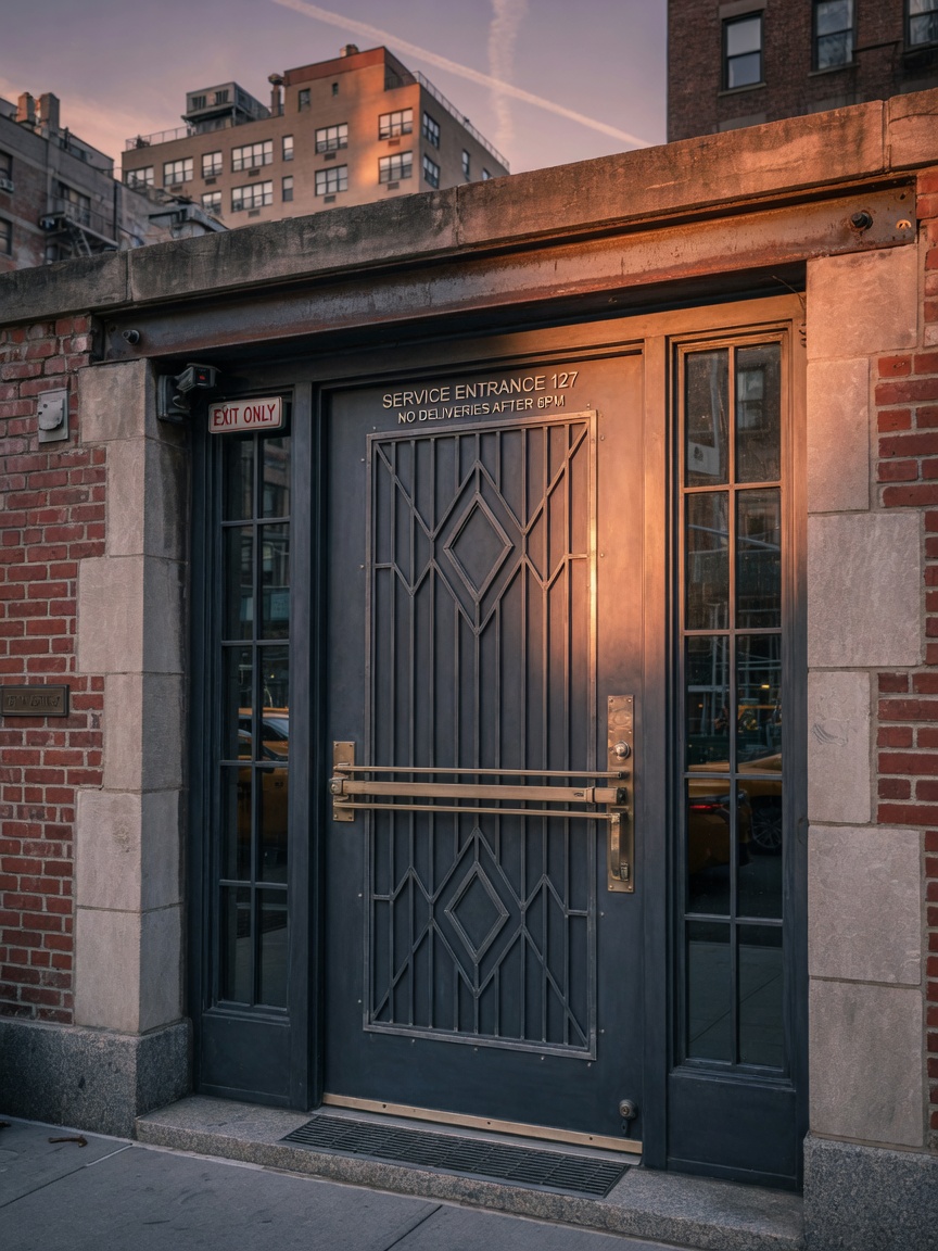 Ultra-detailed 8K photograph of custom steel front entry doors with sidelites on a Manhattan mixed-use building service core, precise fit to masonry opening, professional finish, golden hour lighting