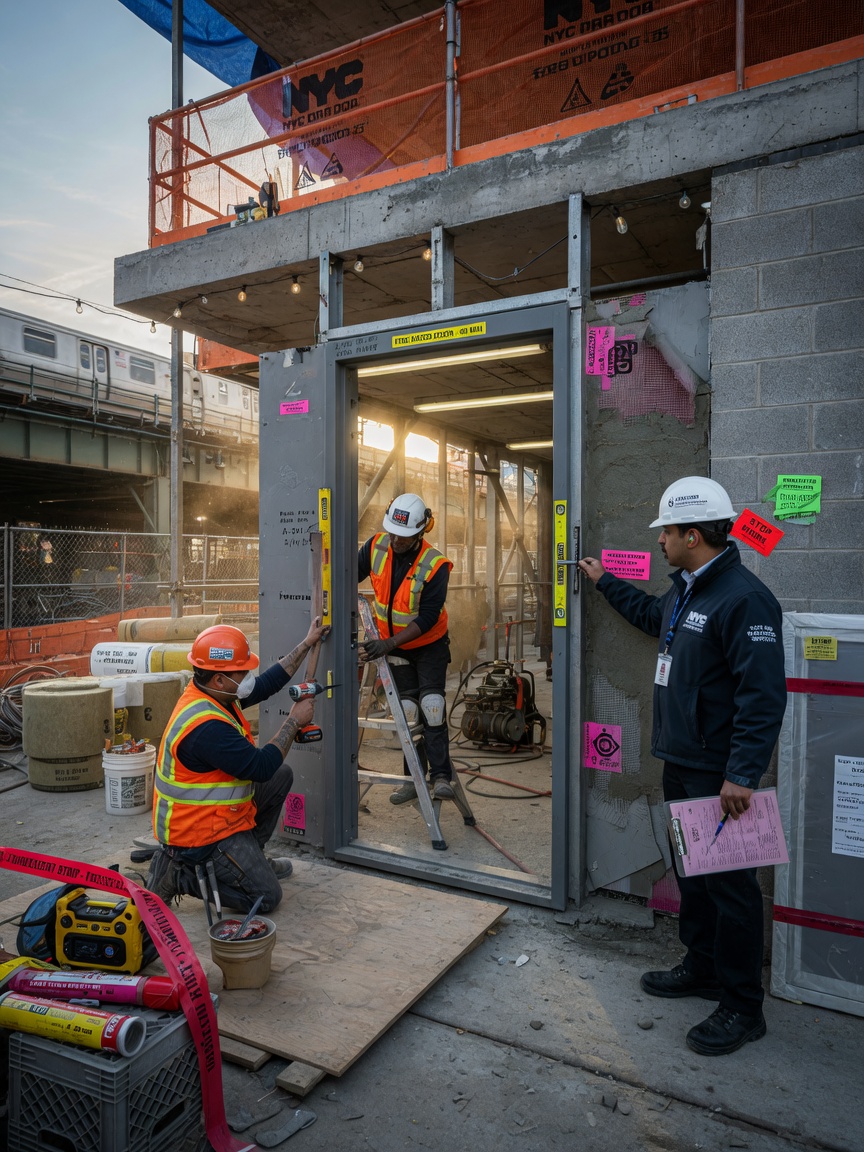 Ultra-realistic cinematic image of steel fire-rated commercial door installation in progress in a Queens construction site, workers installing door frame, fireproofing materials visible, NYC building code inspection scene