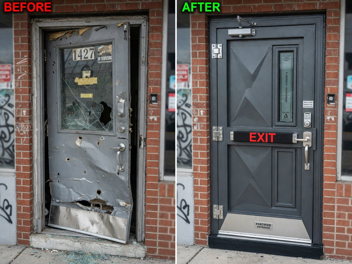 Side-by-side comparison of damaged commercial door versus newly installed storm-rated security door, before and after, professional photography, ultra-realistic 8K