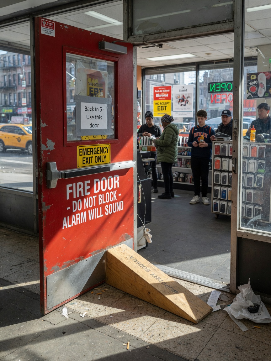 Realistic 8K photo of a retail store fire door in Brooklyn held open illegally with a wooden wedge, customers visible in background, natural daylight setting