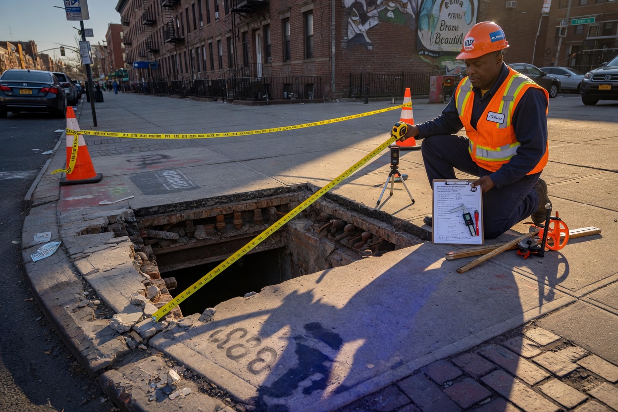 Photorealistic 8K image showing precise measurement of an irregular 19th-century sidewalk opening in the Bronx using professional tools, technician documenting dimensions, golden sunlight casting long shadows across the concrete, highly detailed scene