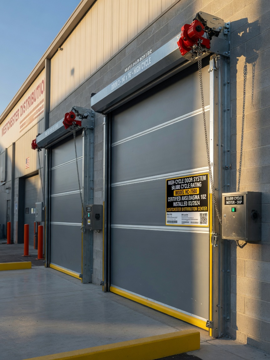 Photoreal 8K image of high-cycle industrial doors installed at a Westchester distribution warehouse, 50,000 cycle rating visible in details, clean professional installation, late afternoon sunlight