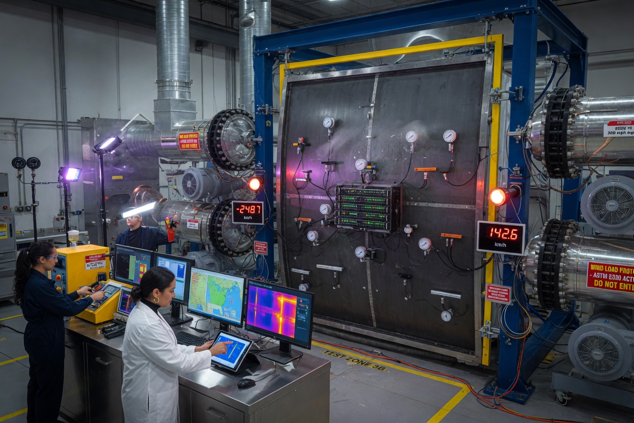 8K photorealistic image showing wind load testing of a large commercial steel door in a laboratory setting, pressure equipment, measurement instruments, technical and scientific atmosphere