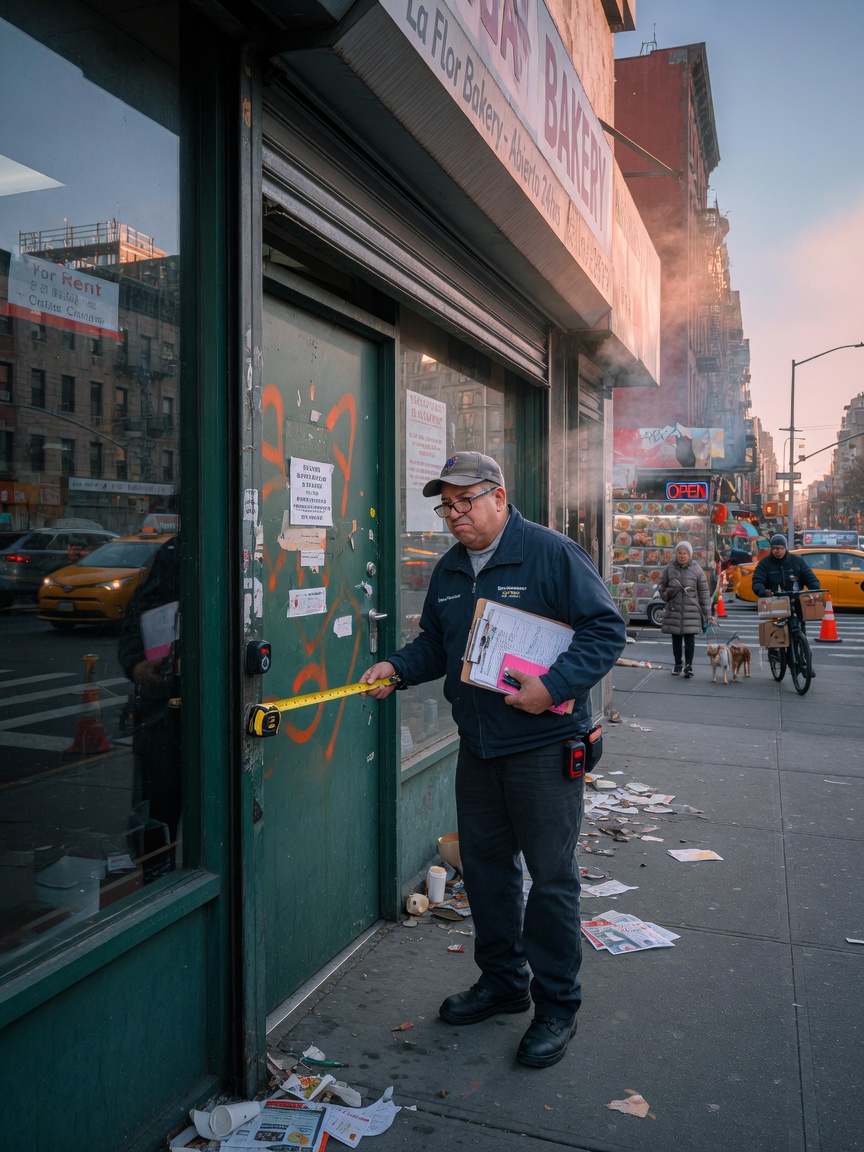 NYC building manager inspecting storefront door with clipboard and measuring tools, early morning light on busy street, documentary style, photorealistic