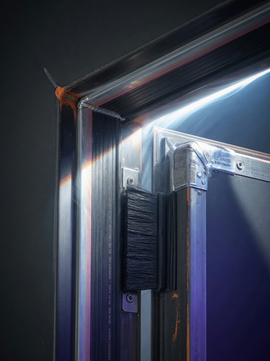Close-up 8K image of intumescent fire and smoke seals properly installed around a commercial steel door frame, dramatic side lighting highlighting the gasketing details