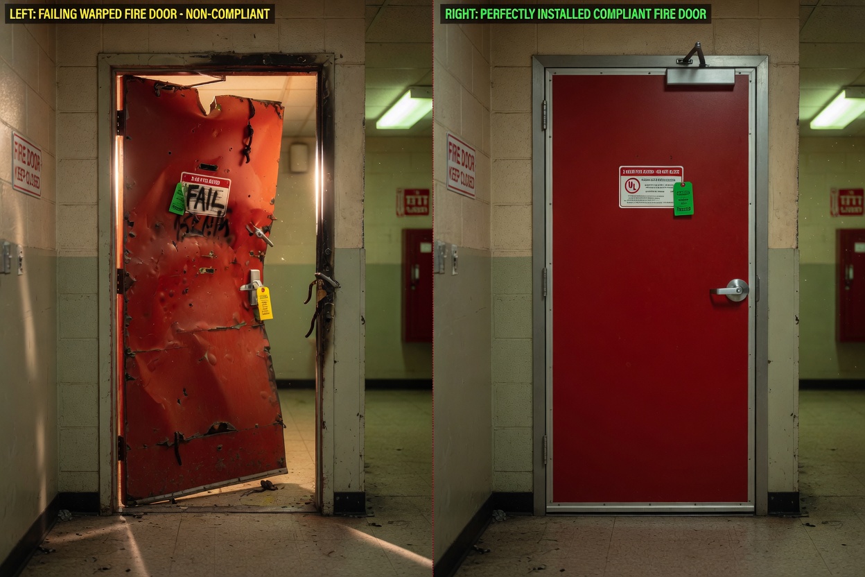 Ultra-realistic 8K comparison image split down the middle showing a failing warped fire door on left and a perfectly installed compliant fire door on right, same building environment