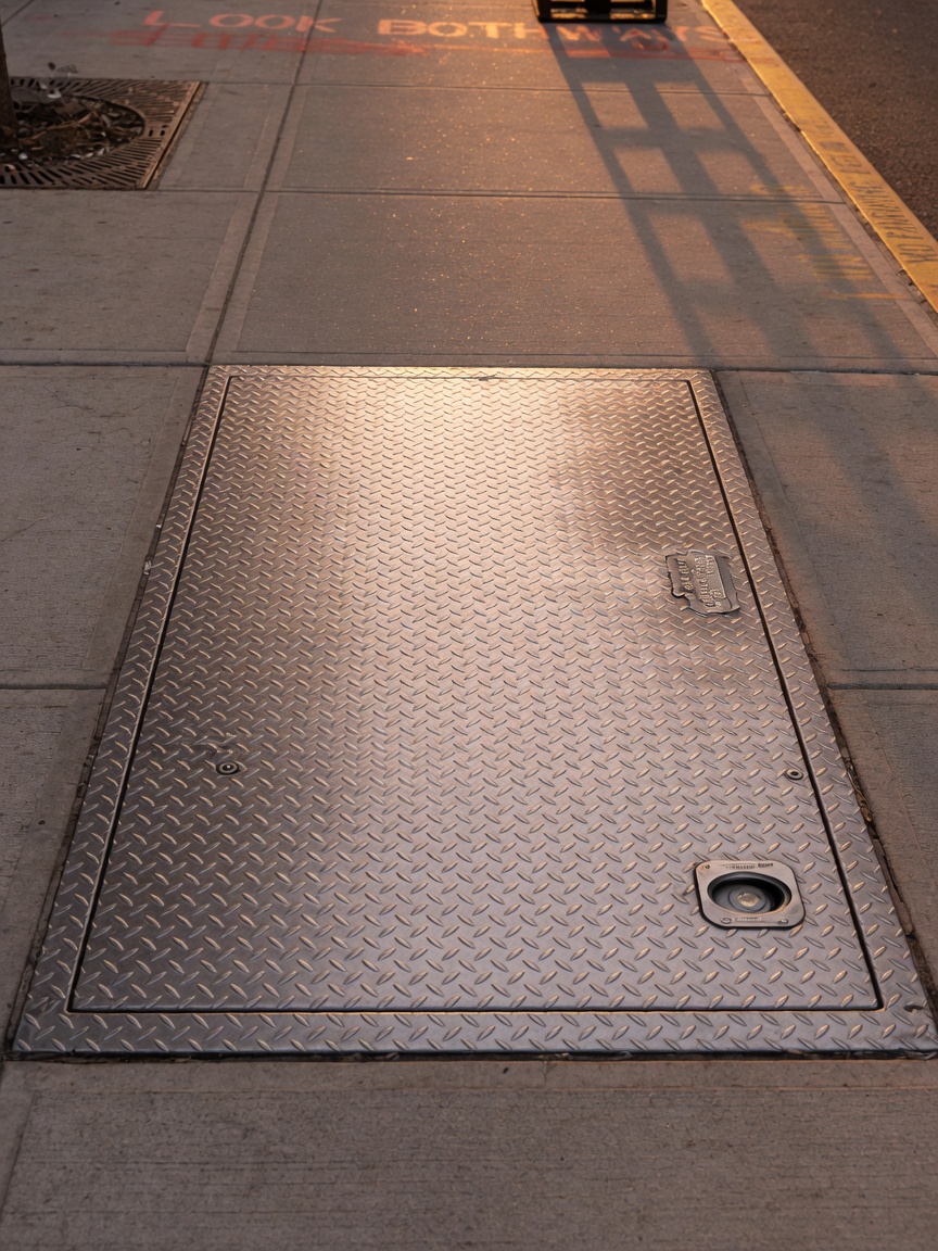 8K ultra-realistic photograph of a completed custom diamond-plate sidewalk hatch installed flush with Queens sidewalk, perfect alignment, anti-slip tread pattern clearly visible, warm golden hour lighting, subtle reflections on steel surface