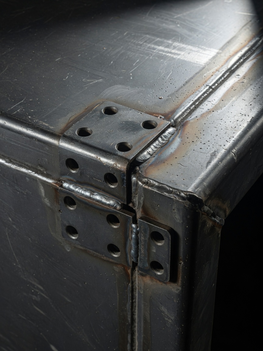 8K photorealistic close-up of 14-gauge steel door corner showing continuous weld, ground and filled finish, polyurethane coating texture, hinge reinforcement plate, museum quality detail
